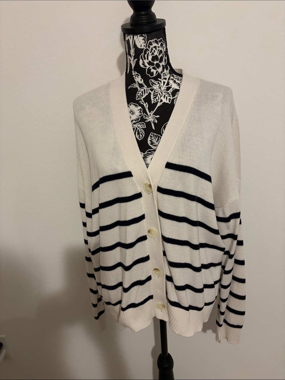 Ivory and Black Striped V-Neck Button Cardigan